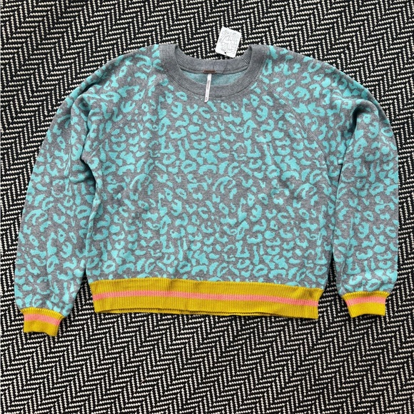 Free People Sweaters - Free People Gray and Blue Leopard Patterned Sweater